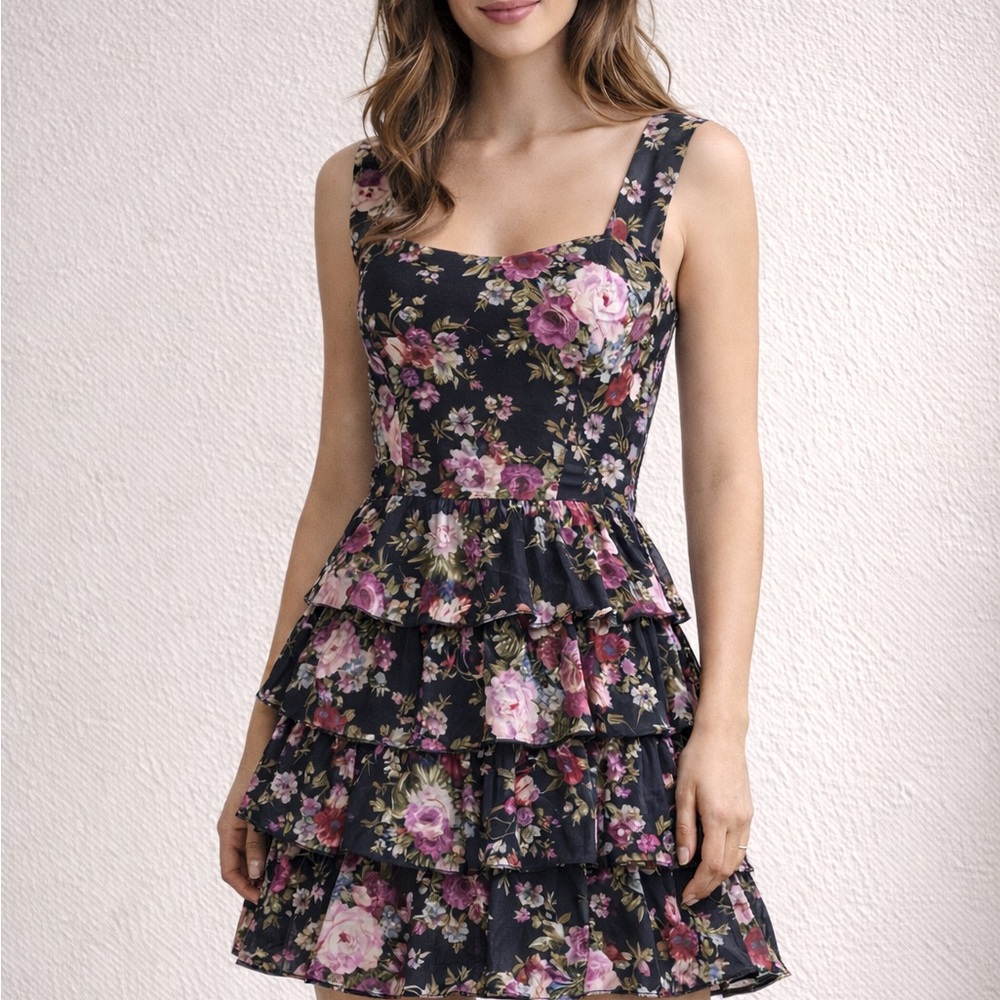 Love shack Fancy Floral Tiered Sundress - Black with Pink Floral